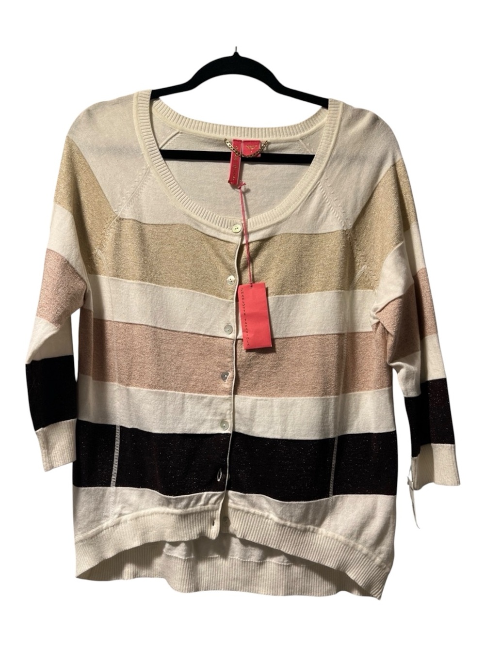 Charlotte Tarantola Striped Button-Front Cardigan Ivory Gold Blush Black L NWT